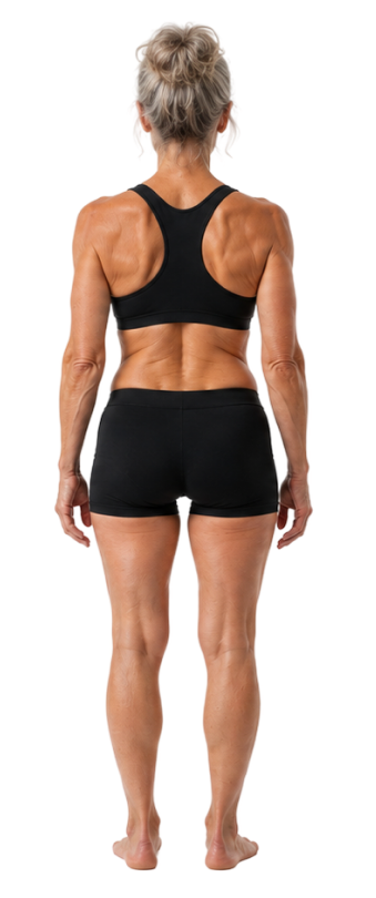 Back view of the body, with pain sites on the neck, shoulder blades, elbow, back, and sciatic nerve